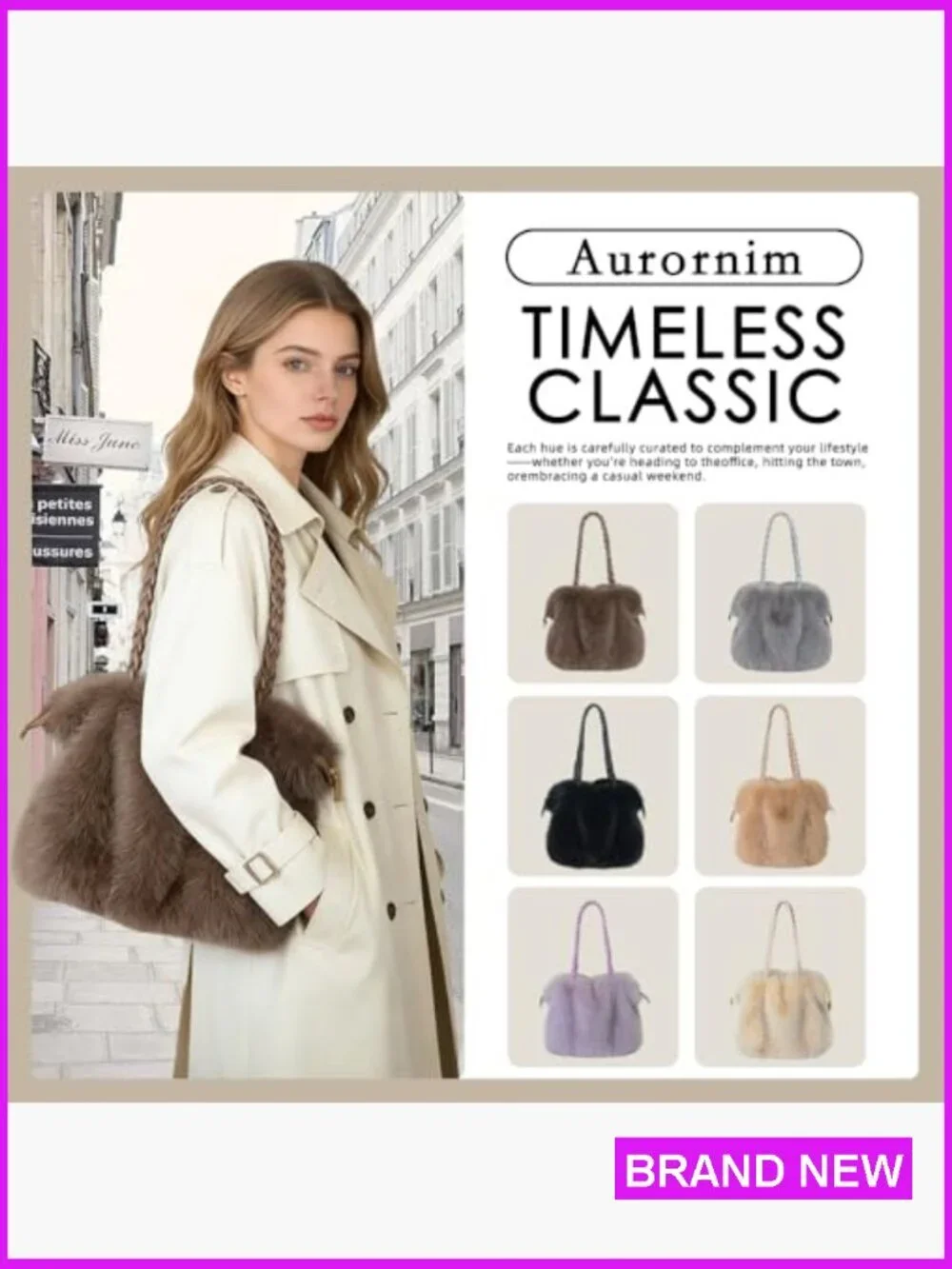 Faux Fur Handbag Soft Fluffy Winter Purse Satchel with Top Handle and Zipper